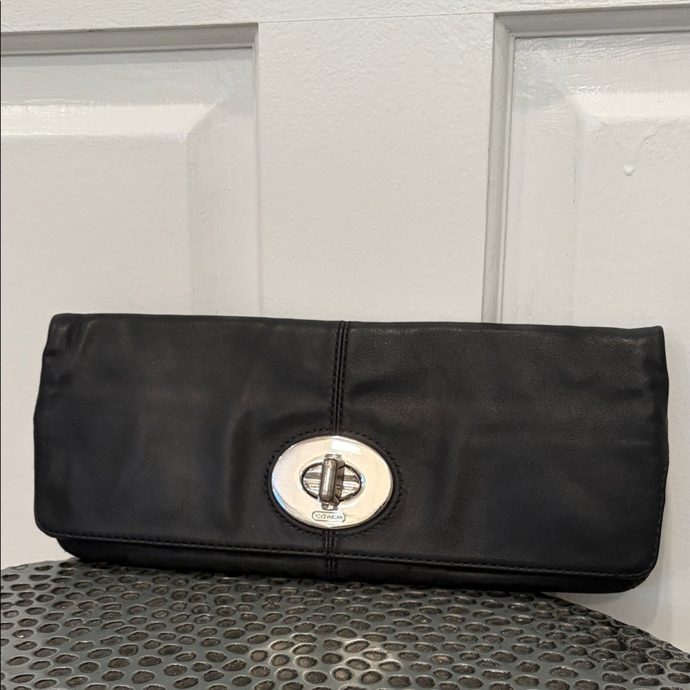Coach Madeline Fold Over Black Leather Turnlock Clutch